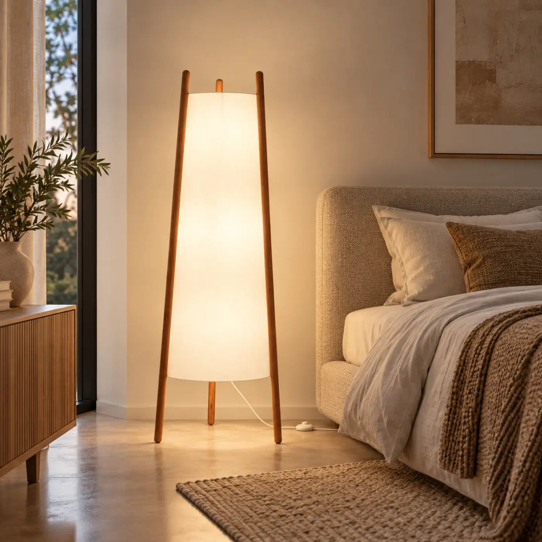 Lampadaire woody minimalist avec abat-jour en tissu blanc chaud sur trois pieds en bois pour un coin lecture à lumière douce