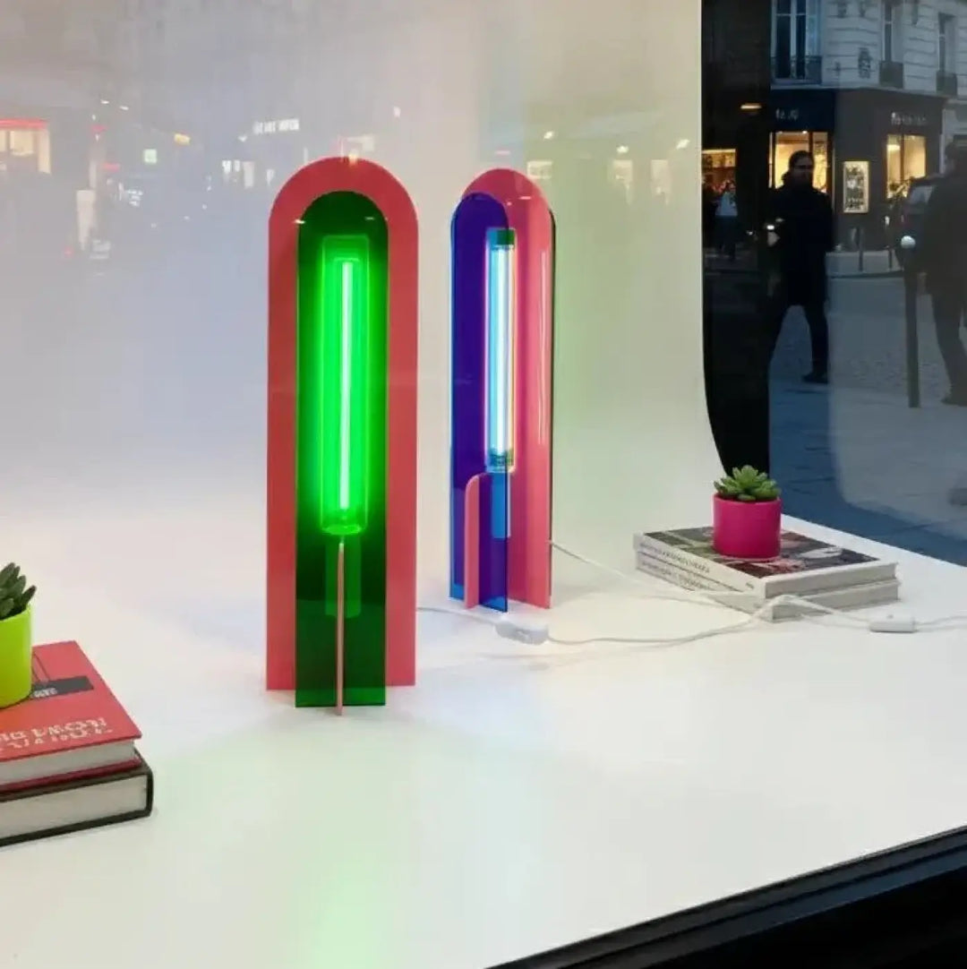 Lampe de chevet andy pop art avec tubes vert et bleu en acrylique coloré pour éclairage moderne sur table
