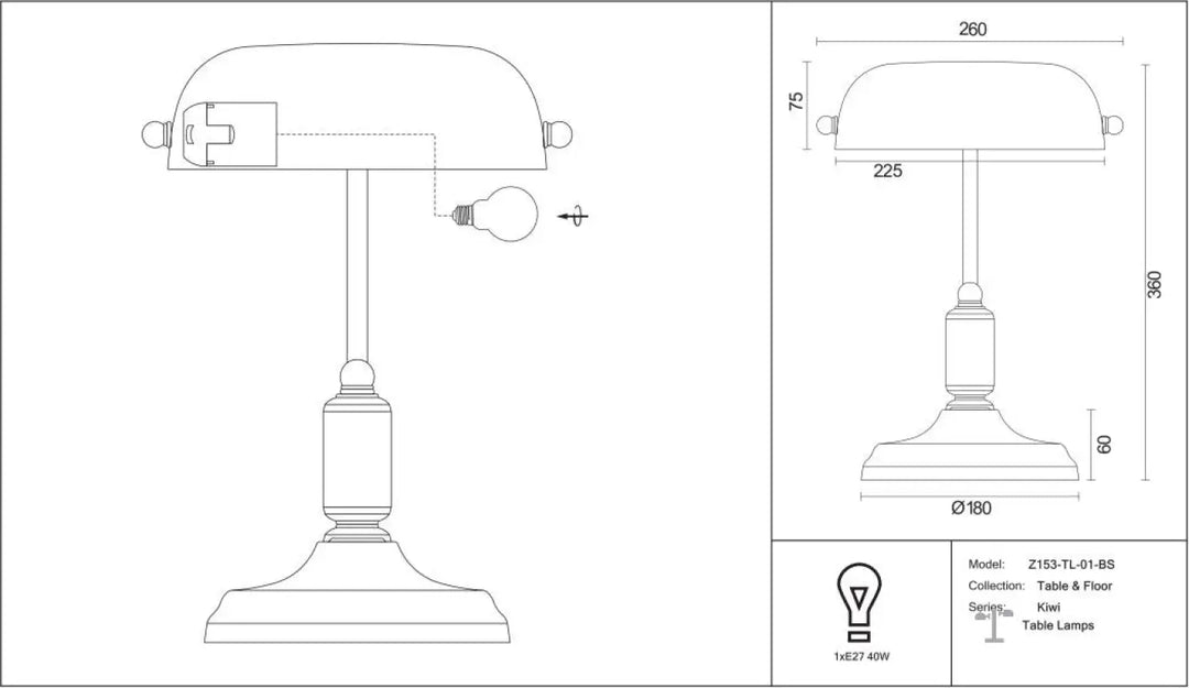 Lampe de chevet style banquier en laiton avec abat-jour en dôme courbé et ampoule e27 pour verre vert