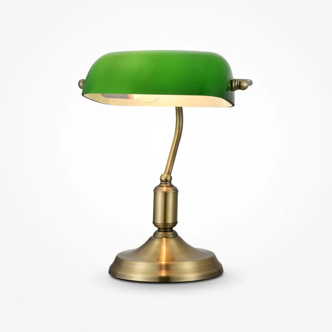 Lampe de chevet style banquier avec abat-jour verre vert et base métal finition laiton pour ampoule e27