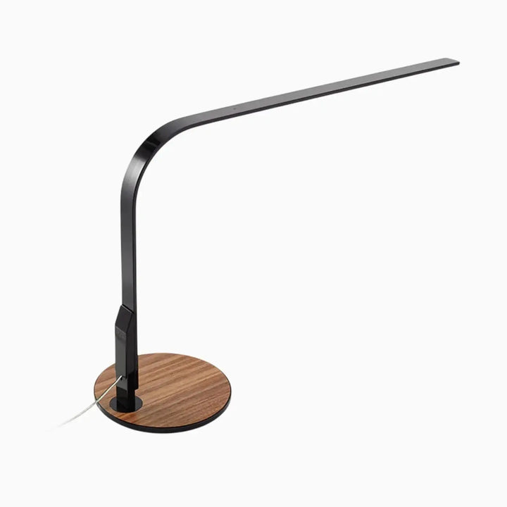 Lampe de chevet lim 360 en métal noir moderne avec bras courbé et socle en noyer circulaire inspirée de pablo designs