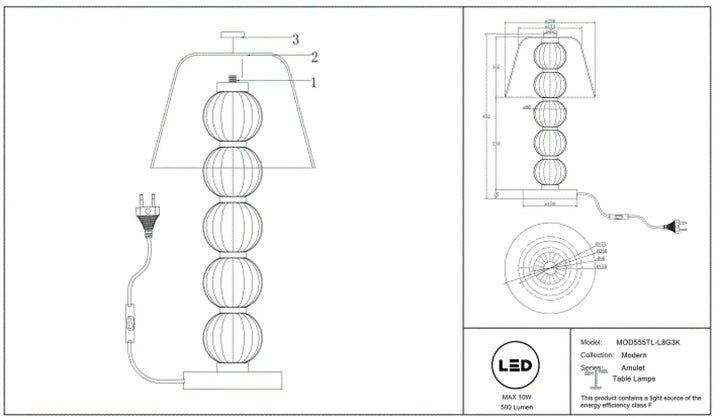 Lampe de chevet amulet avec cinq globes en verre empilés, éclairage led et base en métal doré objet décoratif moderne