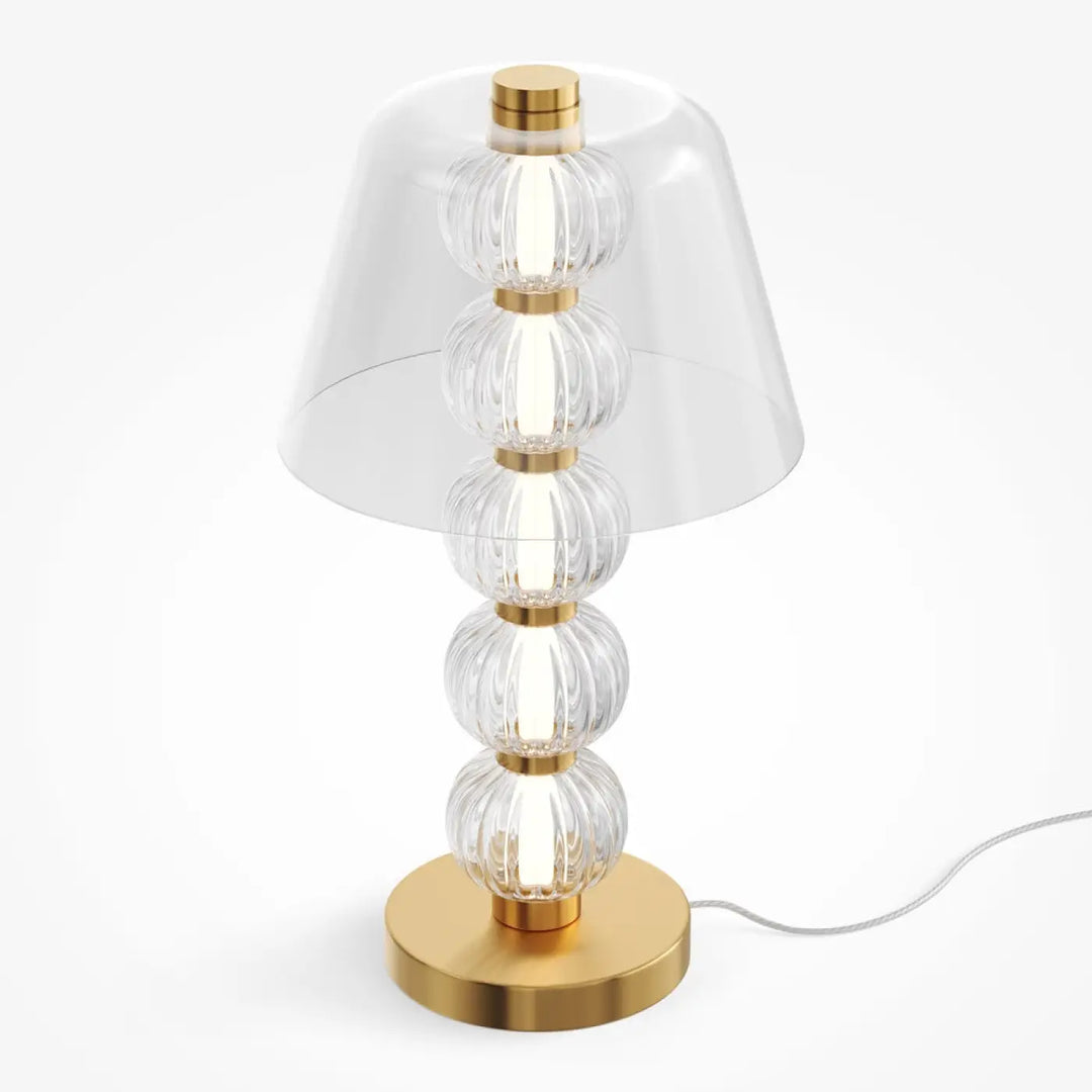 Lampe de chevet amulet avec abat-jour en verre cannelé transparent et orbs en verre empilés métal doré objet décoratif