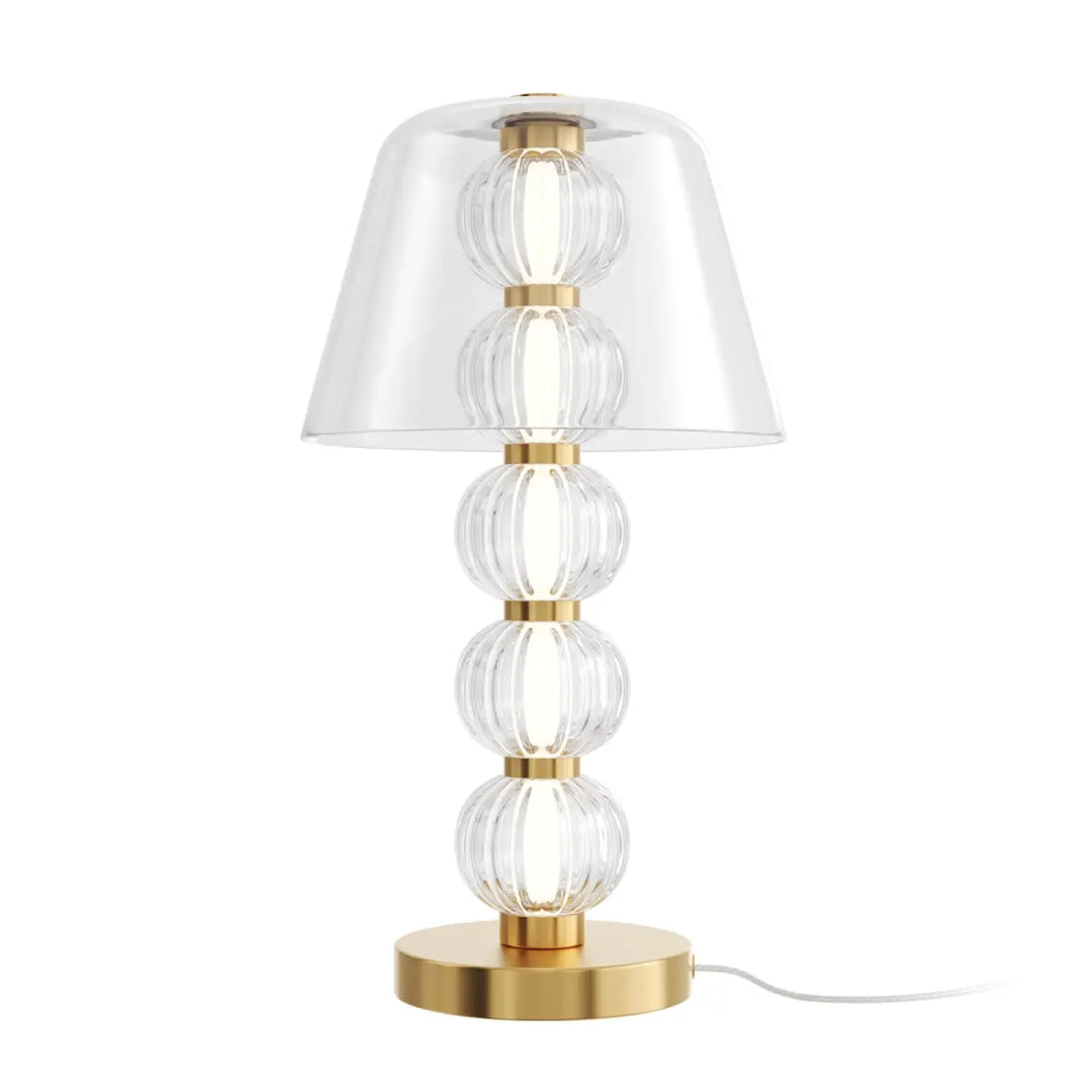 Lampe de chevet amulet en verre clair avec accents en métal doré et design en sphères empilées, objet décoratif élégant