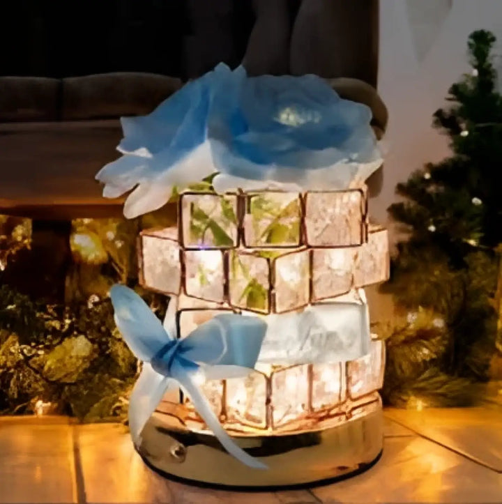 Lampe de chevet cryrosia avec panneaux carrés translucides et noeuds tissu bleu clair pour une lumière douce et ambiance romantique