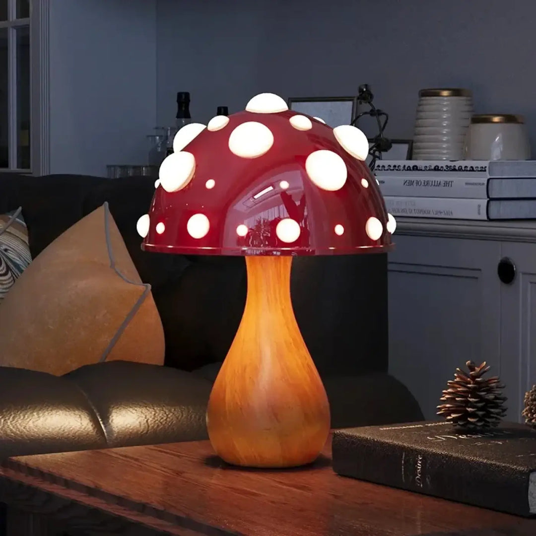 Lampe de chevet champignon à pois blancs rouge avec base en bois chaleureux modèle moushirou
