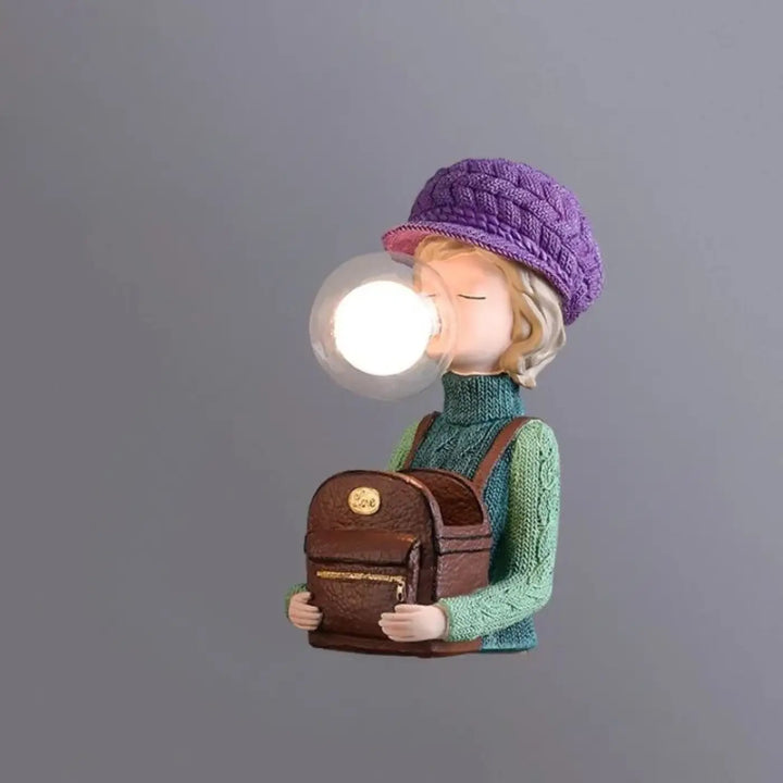 Lampe de chevet tiloux avec figurine fille en bonnet lapin violet et globe lumineux en forme de bulle translucide