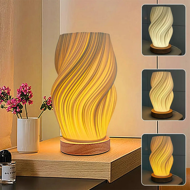 Lampe de chevet layers avec design élégant en led jaune chaud et base en bois, choix parfait pour une lumière douce