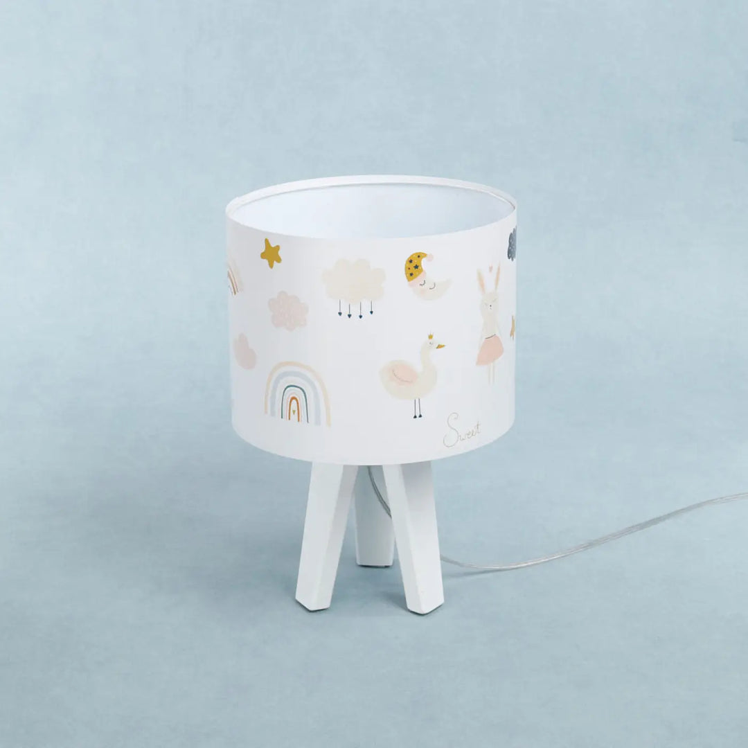 Lampe de table sweet dreams blanc orange avec abat-jour cylindrique motifs animaliers pastel pour chevet enfant en tissu doux