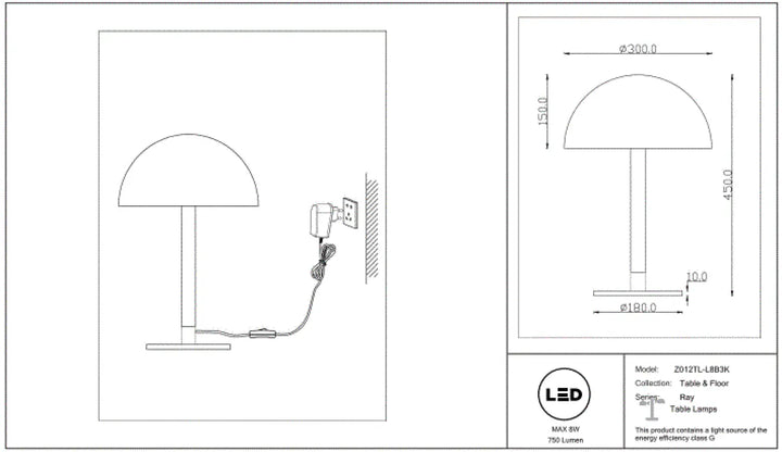 Lampe de chevet led z012tl-l8b3k avec tube courbé en acier noir et abat-jour en forme de dôme ray