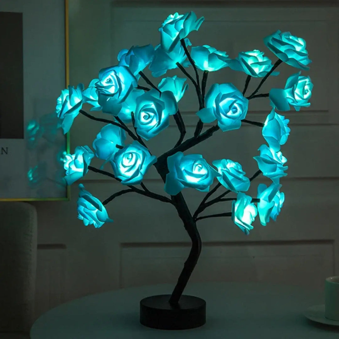 Lampe de chevet forme d’arbre ornée d’une rose bleue lumineuse avec base noire, lampe décorative unique LIROSE