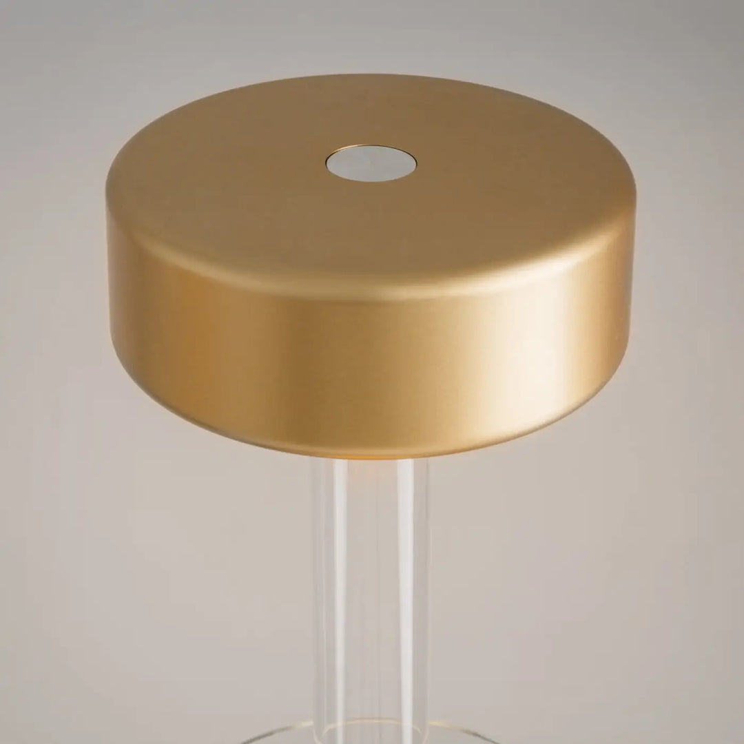 Lampe de chevet gold cylindrique en métal brossé avec support acrylique claire lumière led dimmable et batterie rechargeable
