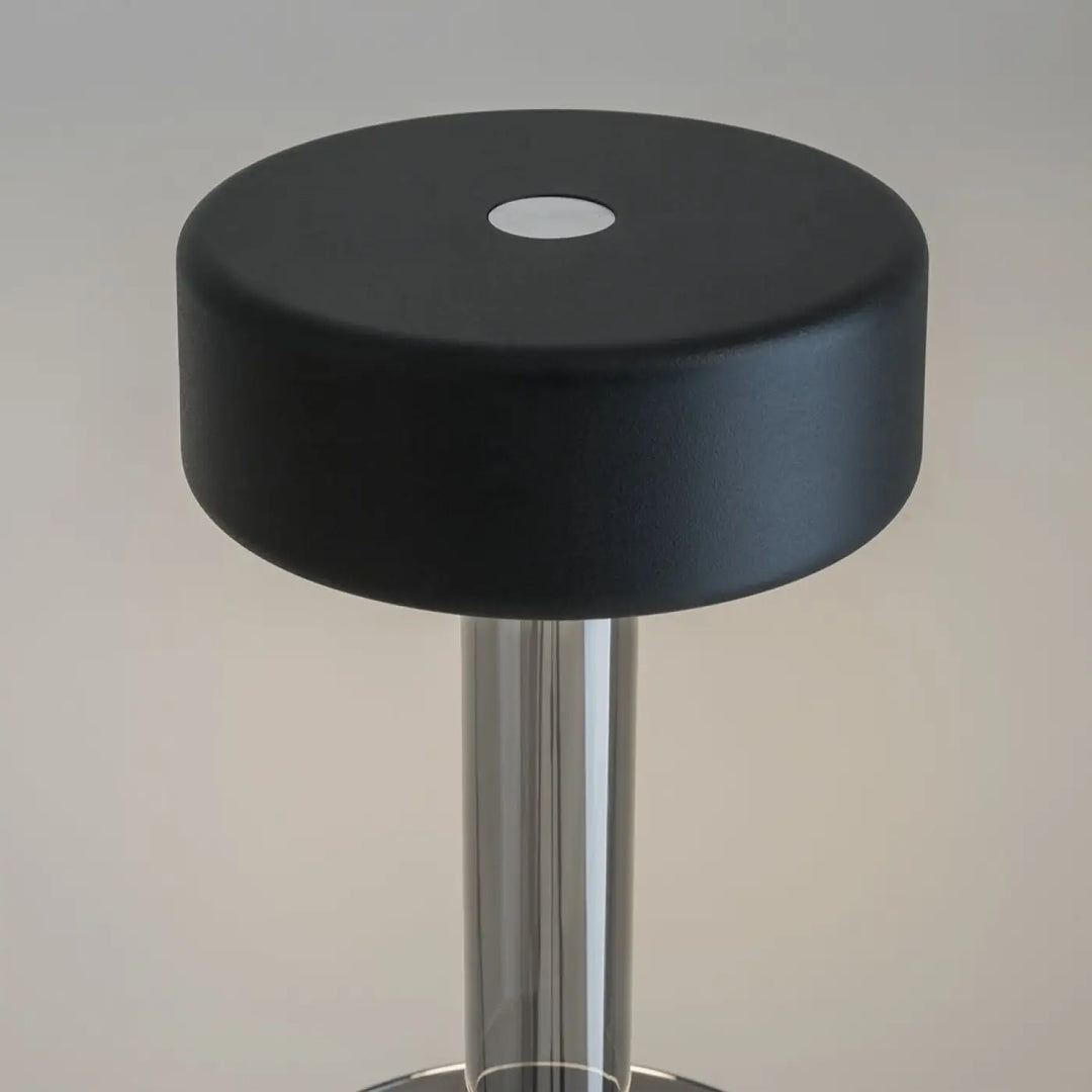 Lampe de chevet ai vase avec tabouret rond noir rembourré et base chrome, lumière led dimmable et batterie rechargeable