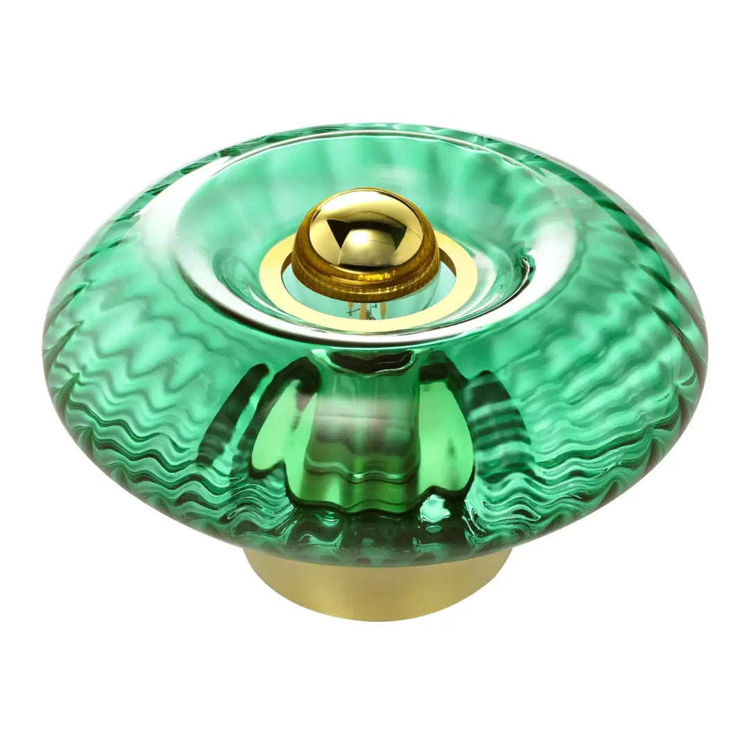 Lampe de chevet grace avec bouton en verre soufflé vert émeraude texturé et centre en laiton poli de la collection grace