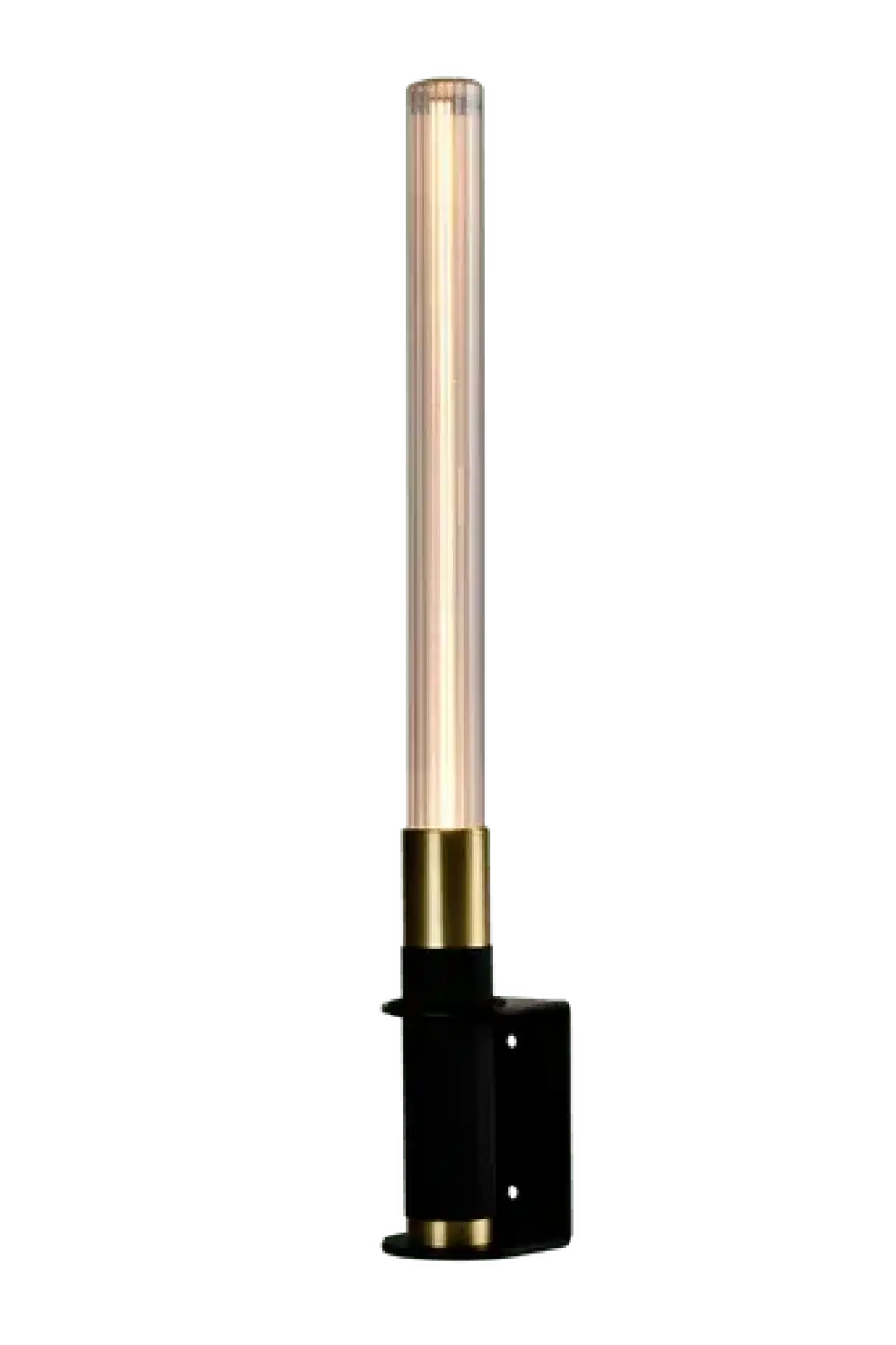 Lampe de chevet hélios avec objet lumineux en verre transparent et base noire, anneaux metal dore, design moderne