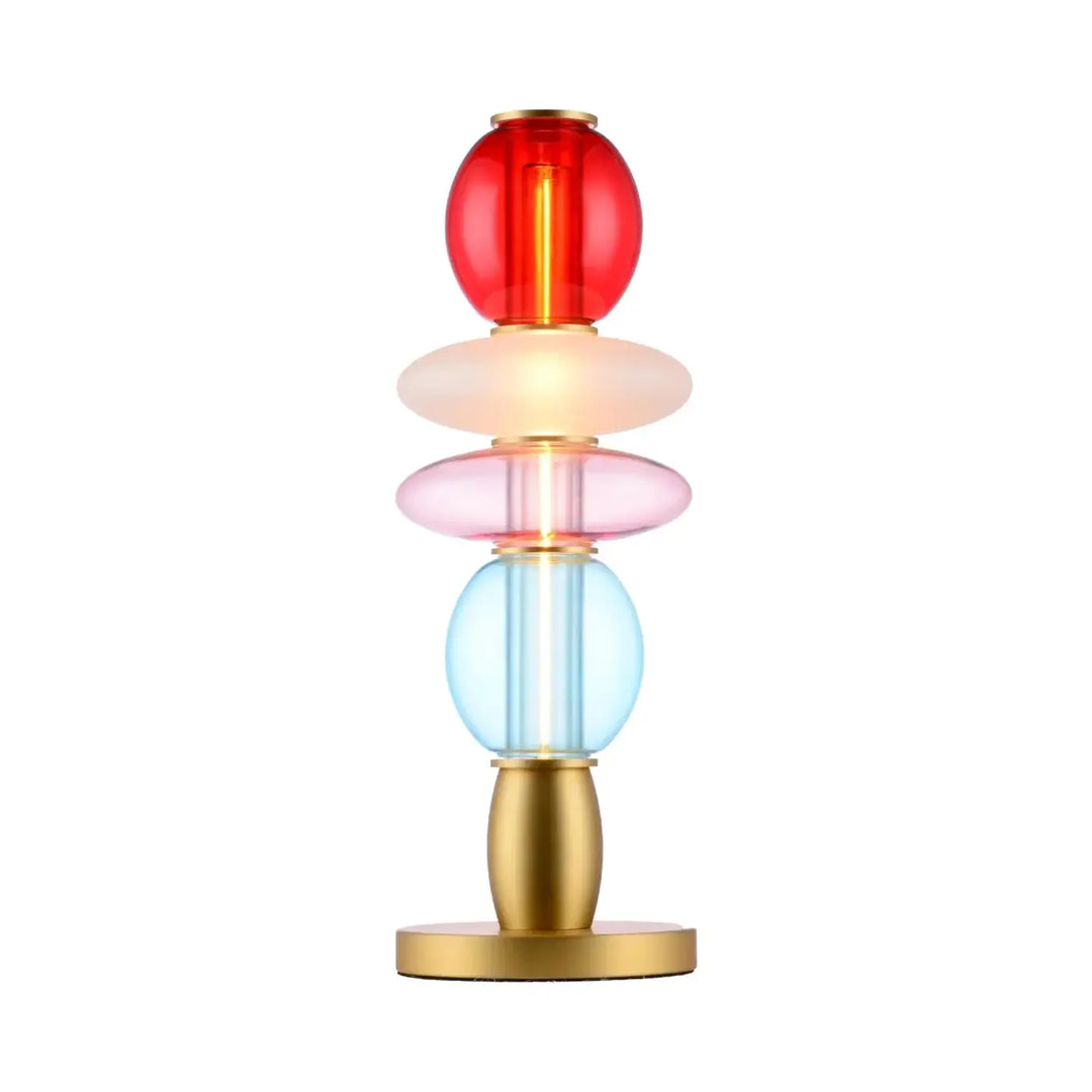 Lampe de chevet léonor avec base en laiton poli et verre soufflé en orbes translucides rouges, roses et bleues