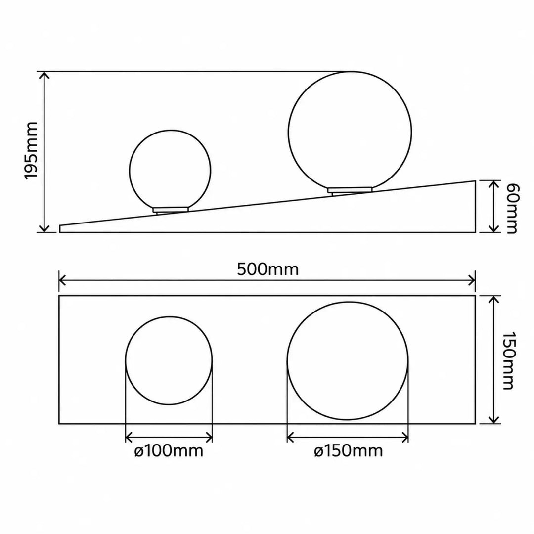 Lampe de chevet lindsay avec deux abat-jours sphériques en verre de 100mm et 150mm sur base inclinée moderne