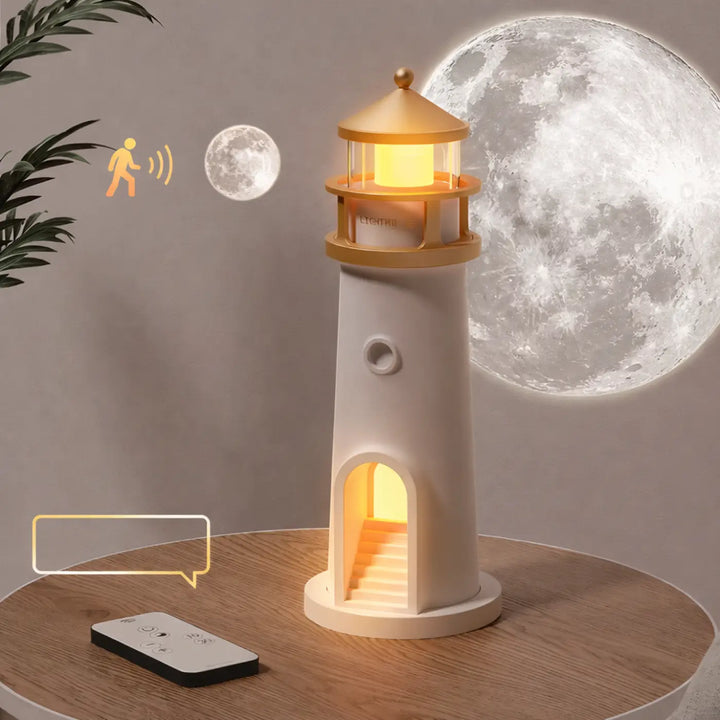 Lampe de chevet moony en forme de phare crème avec une lumière intérieure dorée pour une ambiance lunaire cosy