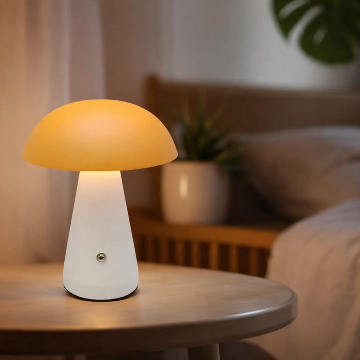 Lampe de chevet schroom lampe minimaliste à lumière douce avec base blanche lisse et abat-jour ambré translucide en forme de champignon