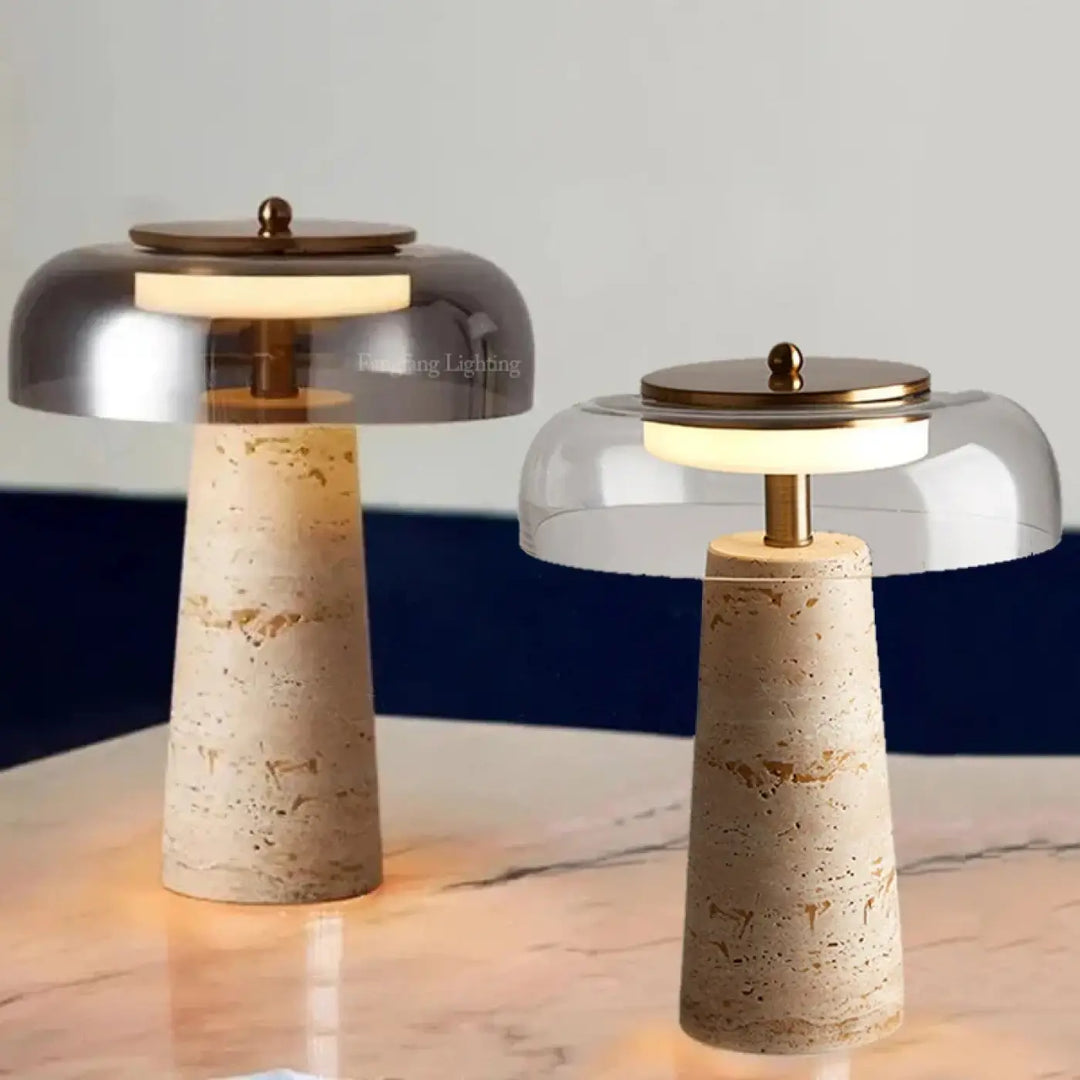 Lampe de chevet neo avec bases coniques en pierre et dômes en verre translucide pour un design moderne et ambiance chaleureuse