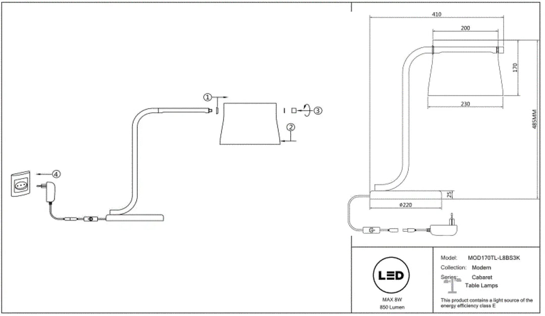 Lampe de chevet cabine led avec design aux lignes fluides et abat-jour conique en verre transparent