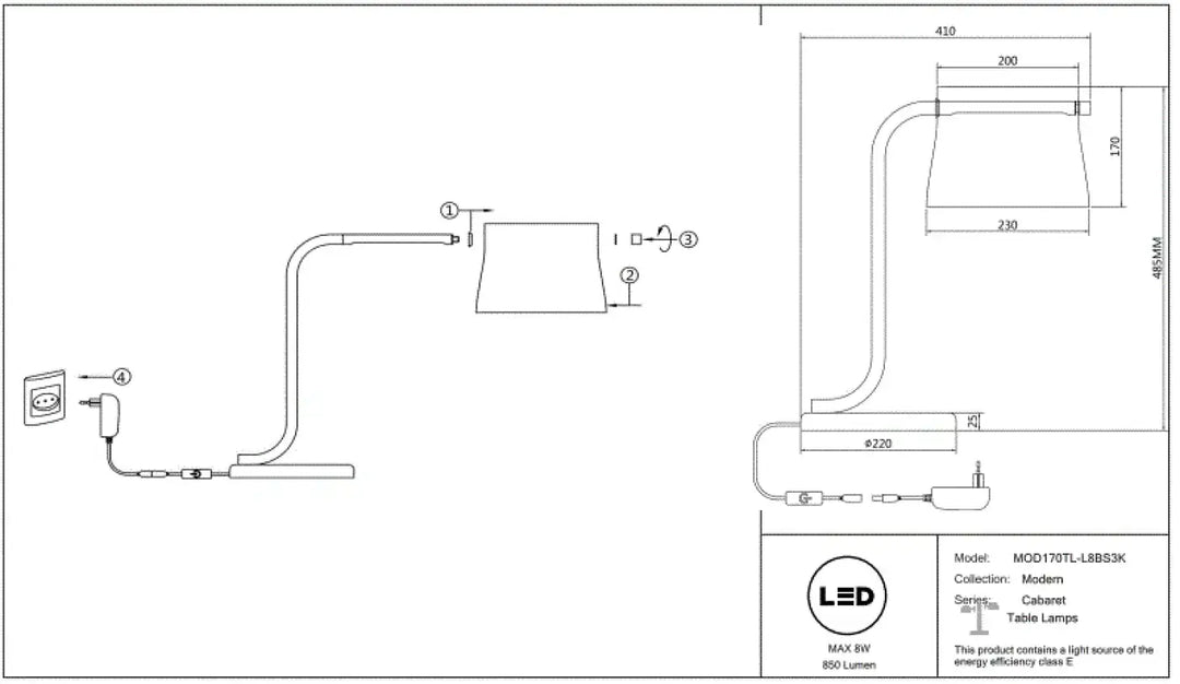 Lampe de chevet cabine led avec design aux lignes fluides et abat-jour conique en verre transparent