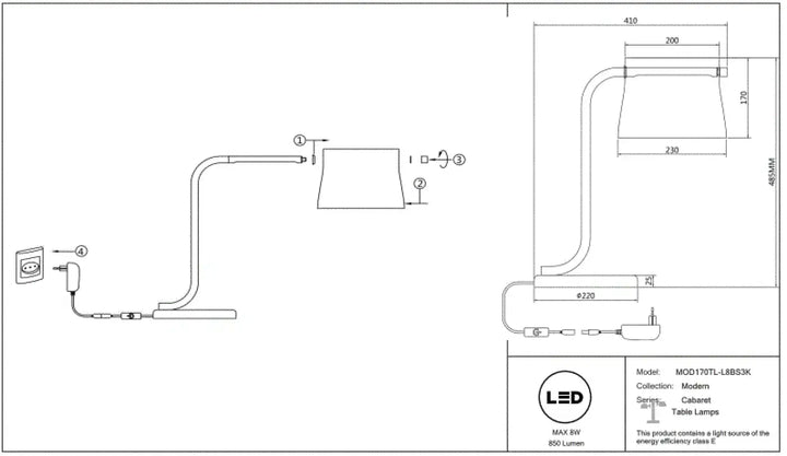 Lampe de chevet cabine led avec design aux lignes fluides et abat-jour conique en verre transparent