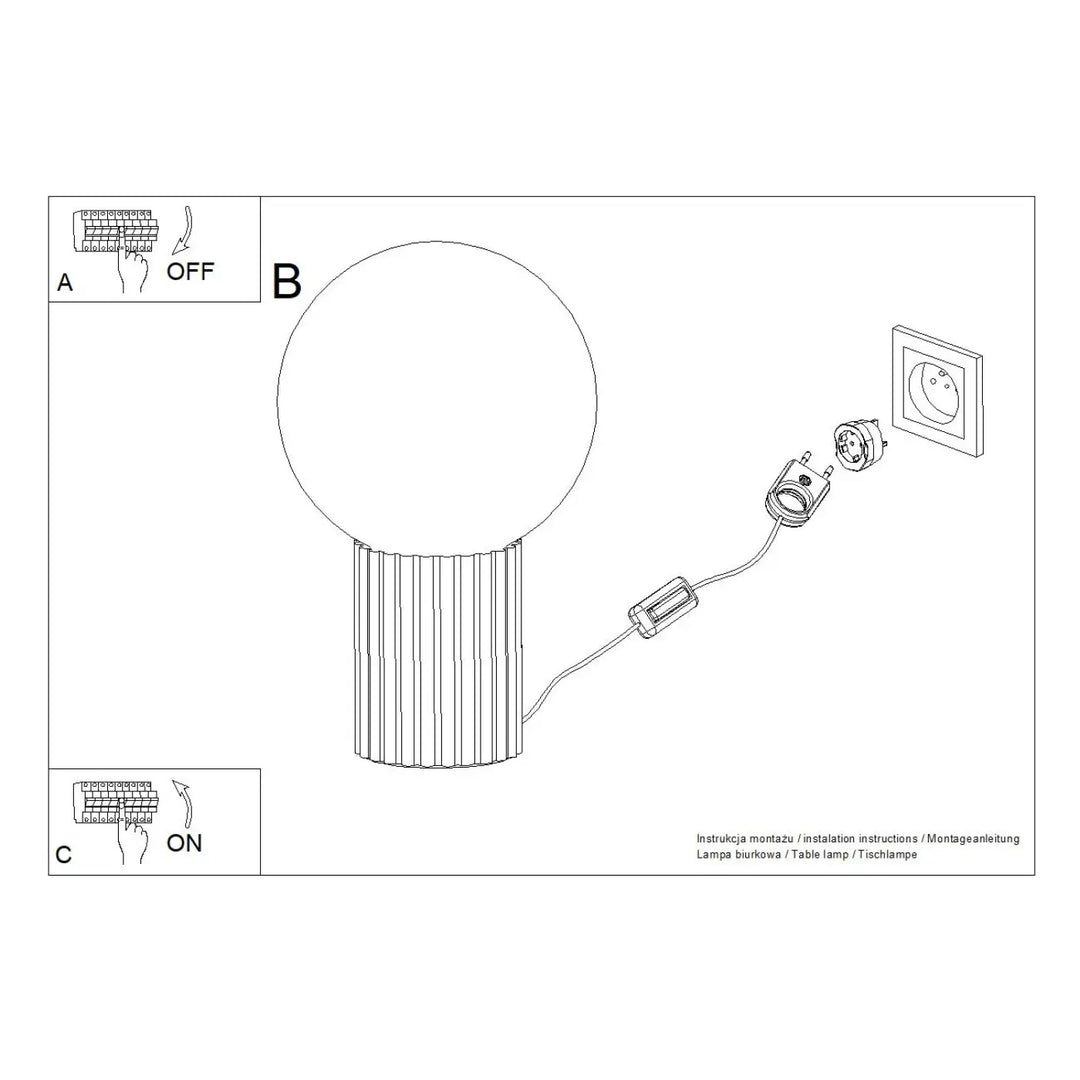 Lampe a poser halo bordeaux avec base cylindrique cannelée bordeaux et globe sphérique blanc avec cordon et interrupteur