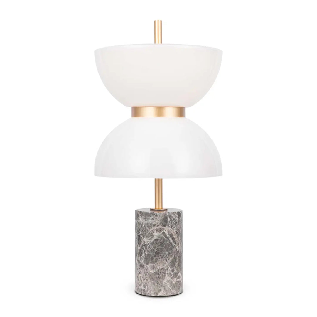 Lampe à poser kyoto led avec verre opalin blanc translucide, base en marbre gris poli et accents en laiton
