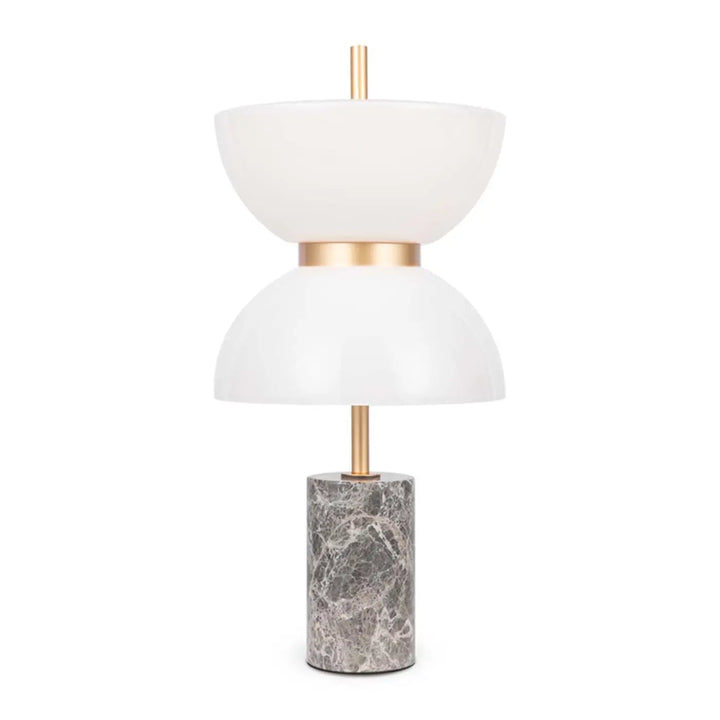 Lampe à poser kyoto led avec verre opalin blanc translucide, base en marbre gris poli et accents en laiton