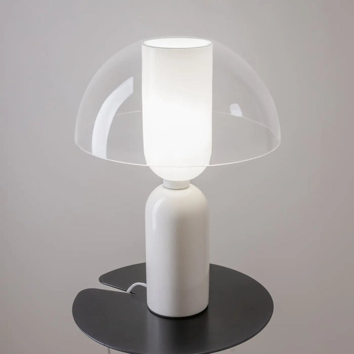 Lampe à poser mémoire en céramique blanc avec abat-jour textile translucide en forme de dôme