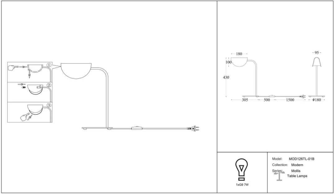 Lampe de chevet mollis avec bras métallique courbe en acier noir et réflecteur feuille pour une lumière douce