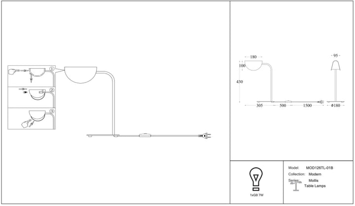 Lampe de chevet mollis avec bras métallique courbe en acier noir et réflecteur feuille pour une lumière douce