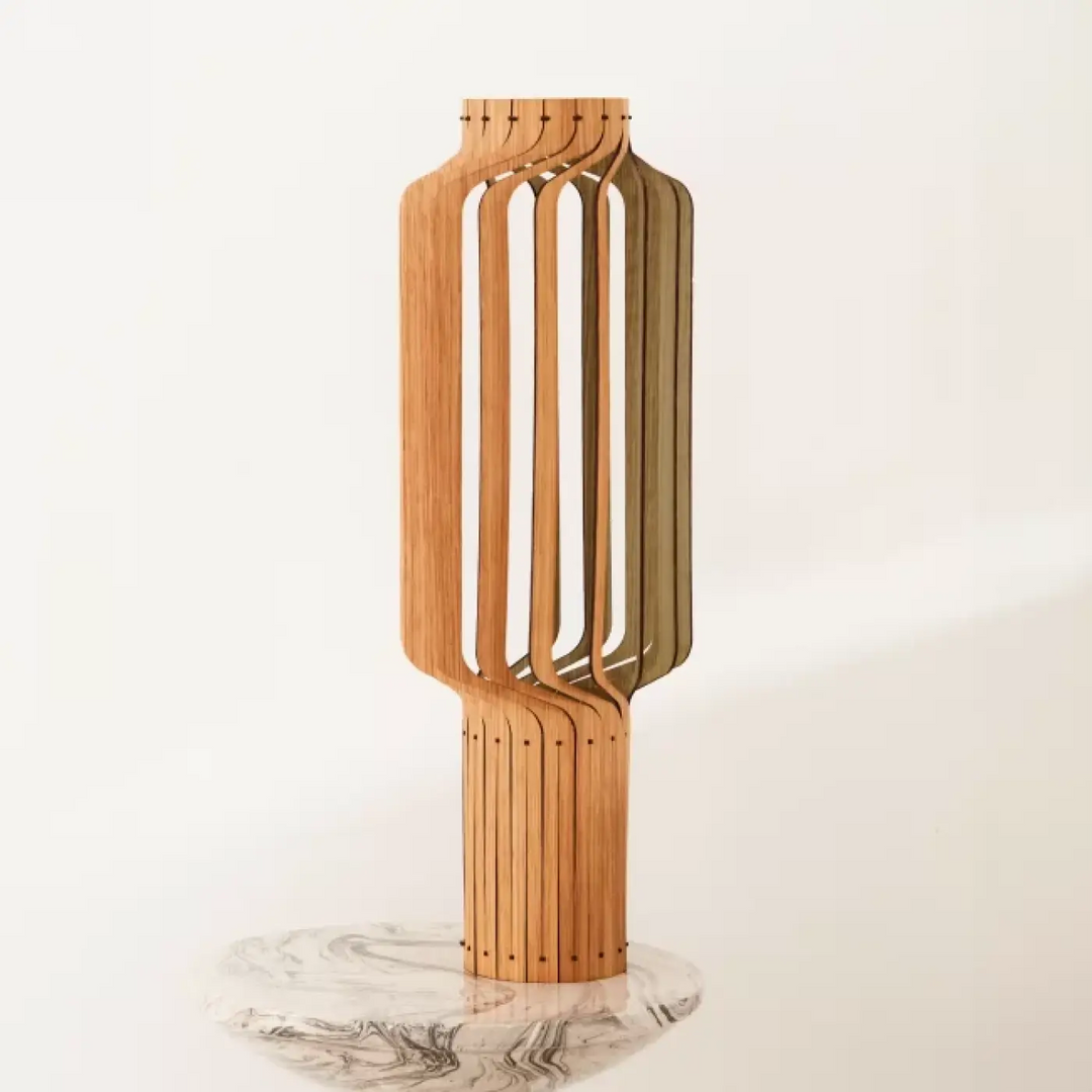 Lampe à poser tjinkwe frad en bois fsc avec vase en bois mince à design géométrique moderne à base évasée