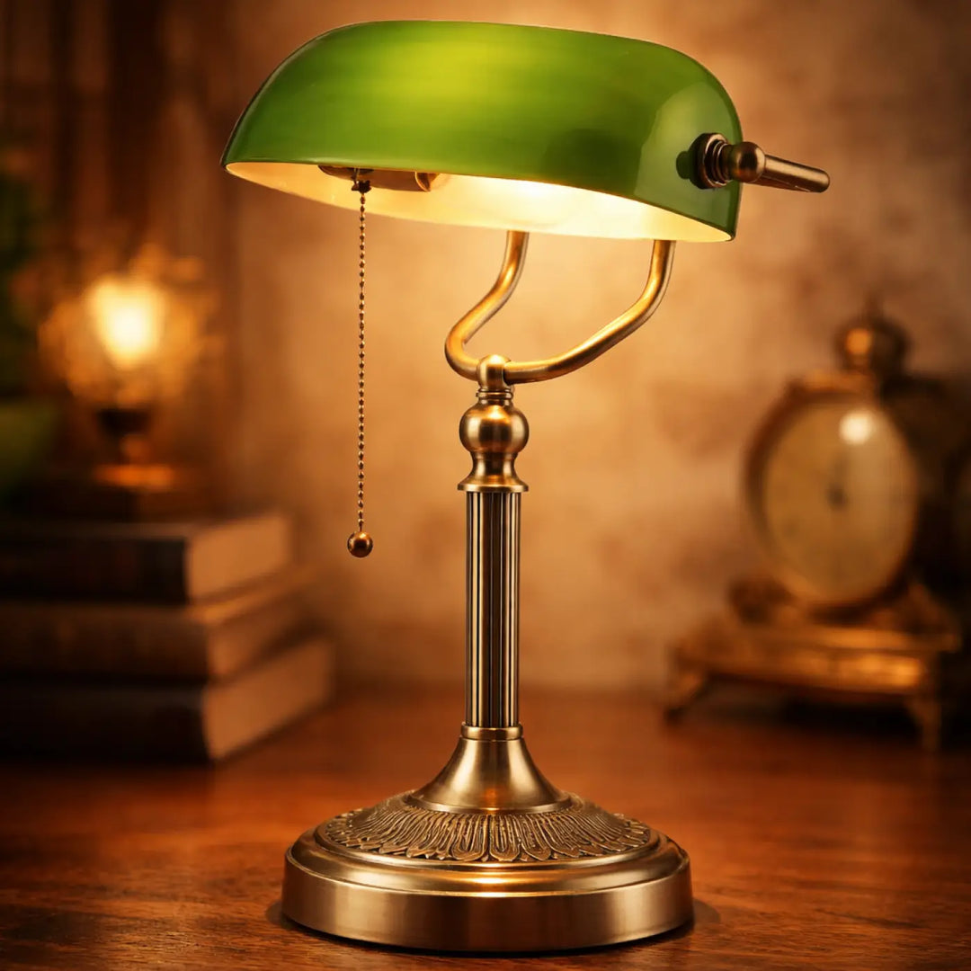 Lampe de chevet aura avec abat-jour en verre vert et base en métal couleur laiton pour une ambiance chaleureuse et style rétro