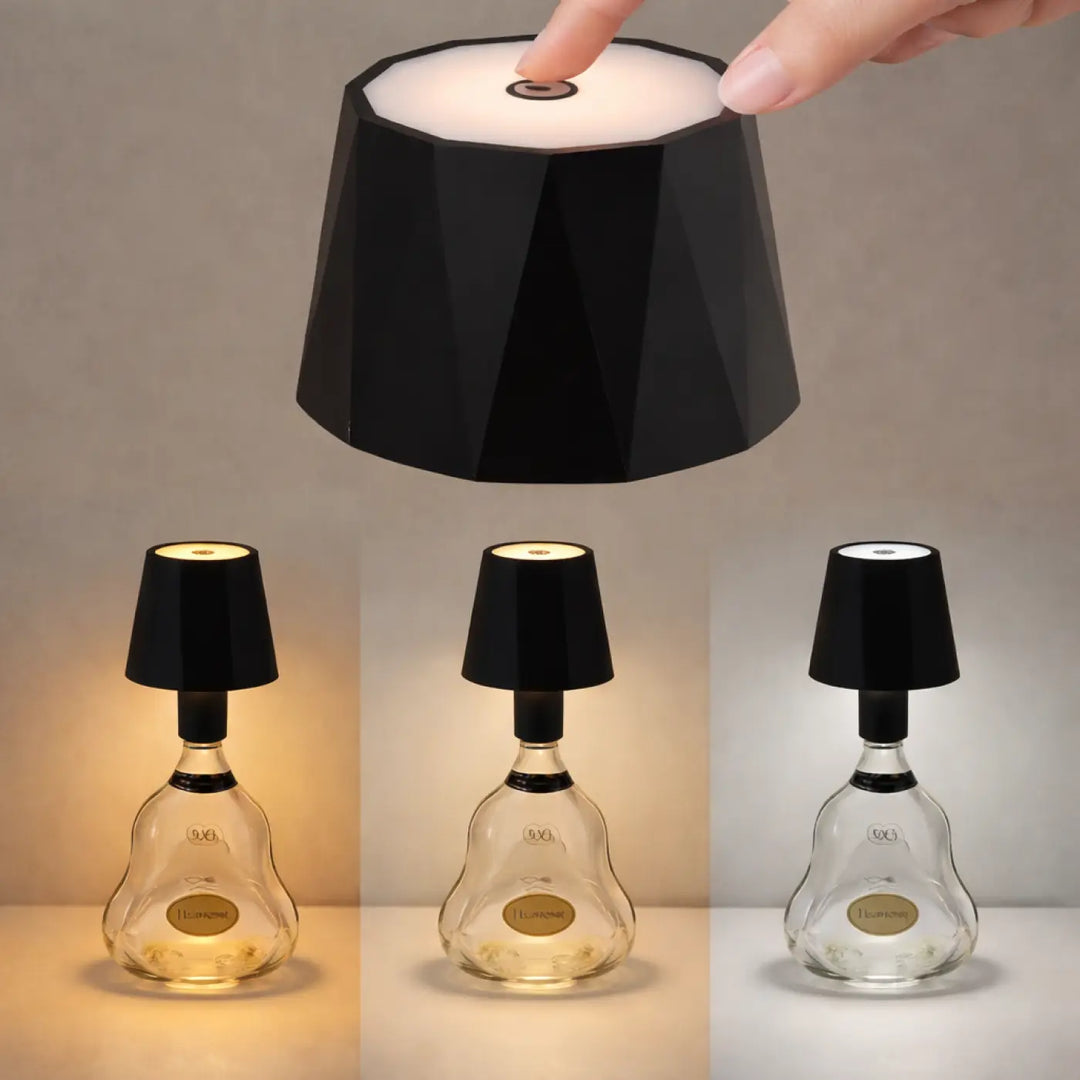 Lampe winny lampe rétro chic avec abat-jour géométrique noir sur base en verre clair élégante ambiance vintage