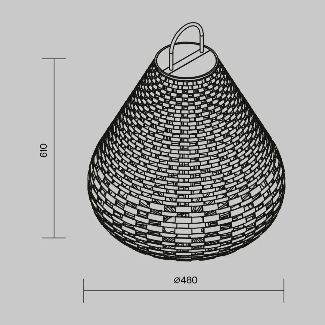 Teardrop-shaped woven lanterne nomade with metal handle and detailed interlaced pattern for lampe solaire extérieure plet led