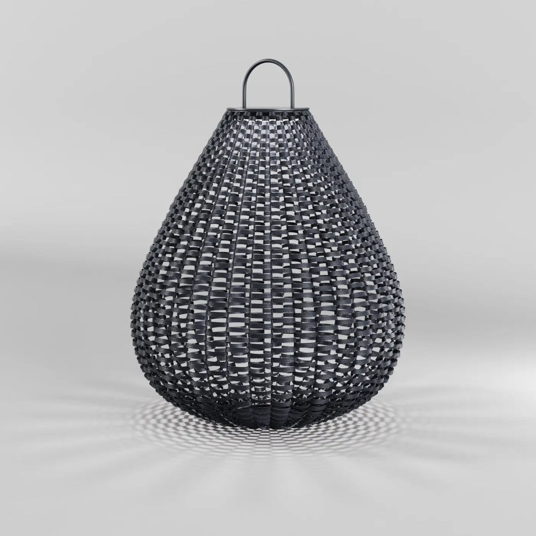 Lanterne nomade noire en osier tressé forme goutte avec poignée en métal lampe solaire extérieure plet led