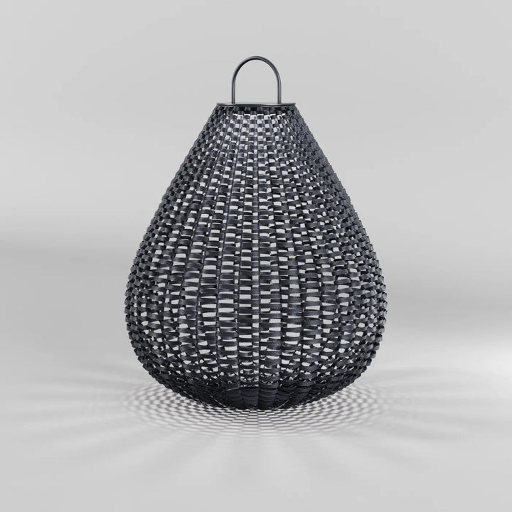Lanterne nomade noire en osier tressé forme goutte avec poignée en métal lampe solaire extérieure plet led