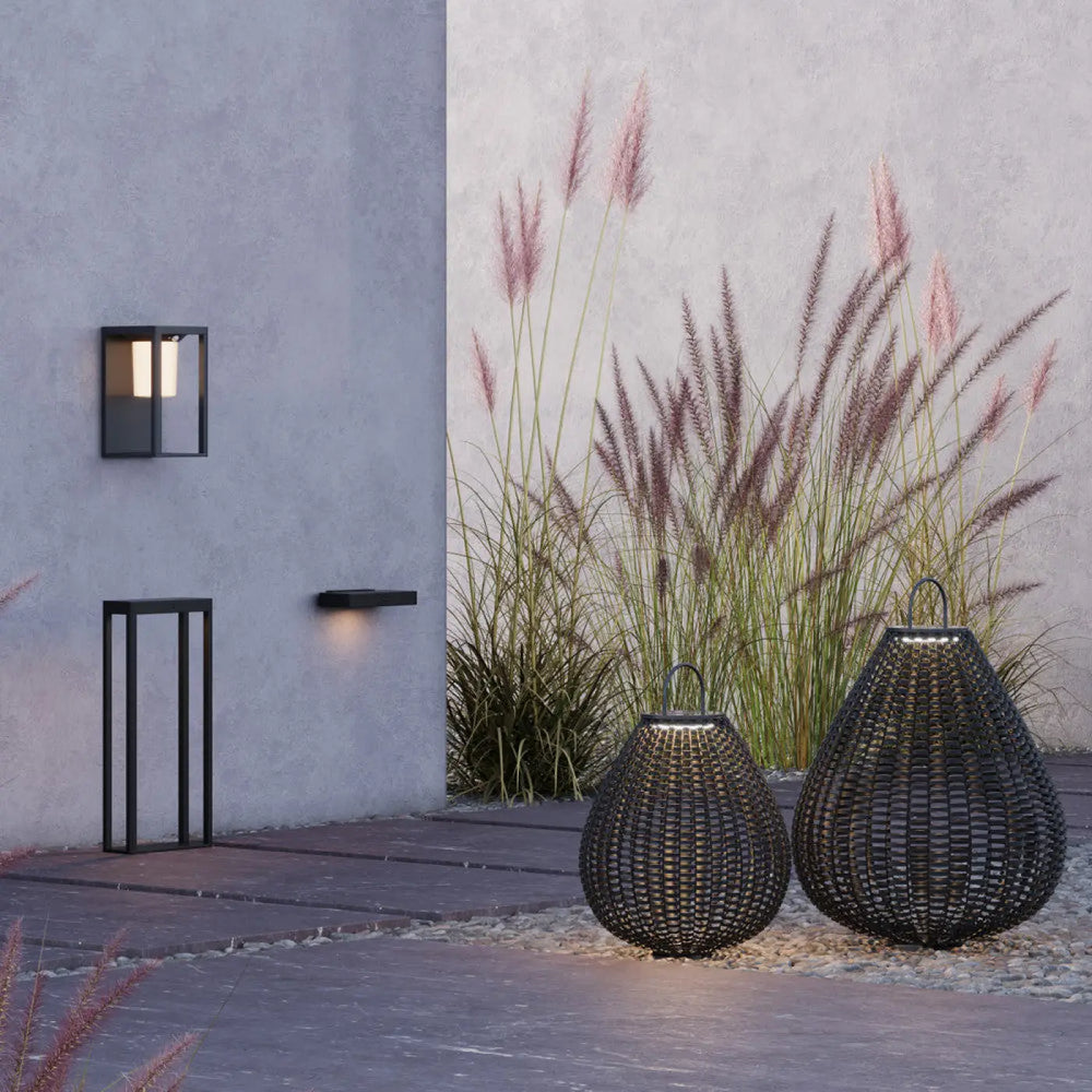Lanterne nomade noire en osier tressé avec éclairage led intégrée lampe solaire extérieure plet led