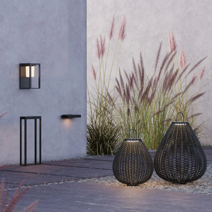 Lanterne nomade noire en osier tressé avec éclairage led intégrée lampe solaire extérieure plet led