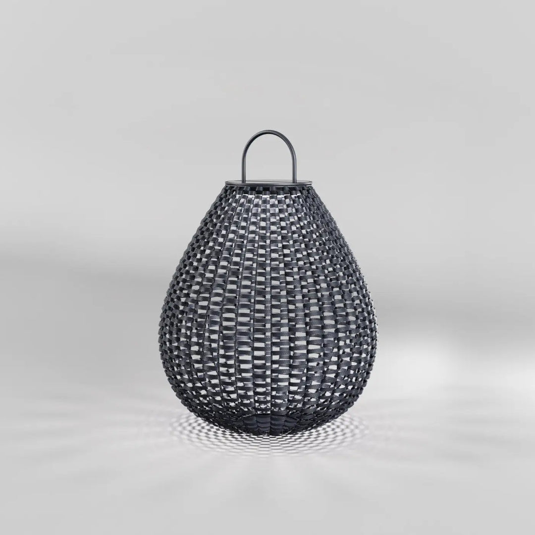 Lanterne nomade noire tissée en forme de goutte avec poignée métallique pour lampe solaire extérieure plet led