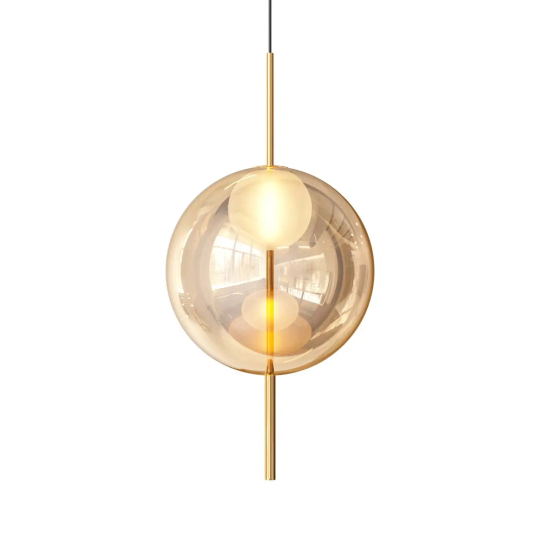 Lampe suspendue galileo avec globe en verre ambré chaud et tiges métalliques dorées design moderne sphérique