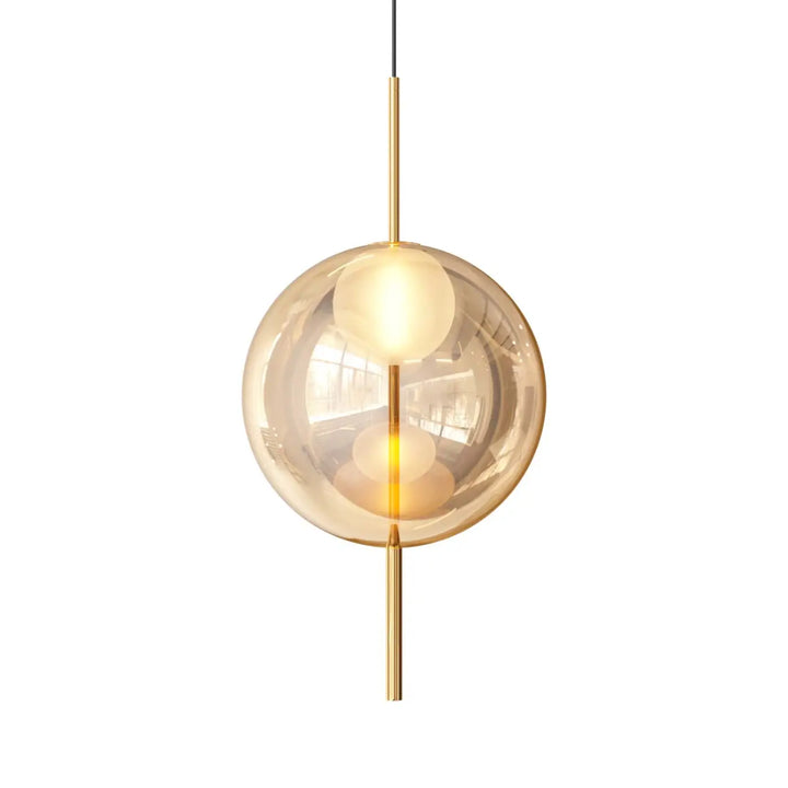 Lampe suspendue galileo avec globe en verre ambré chaud et tiges métalliques dorées design moderne sphérique