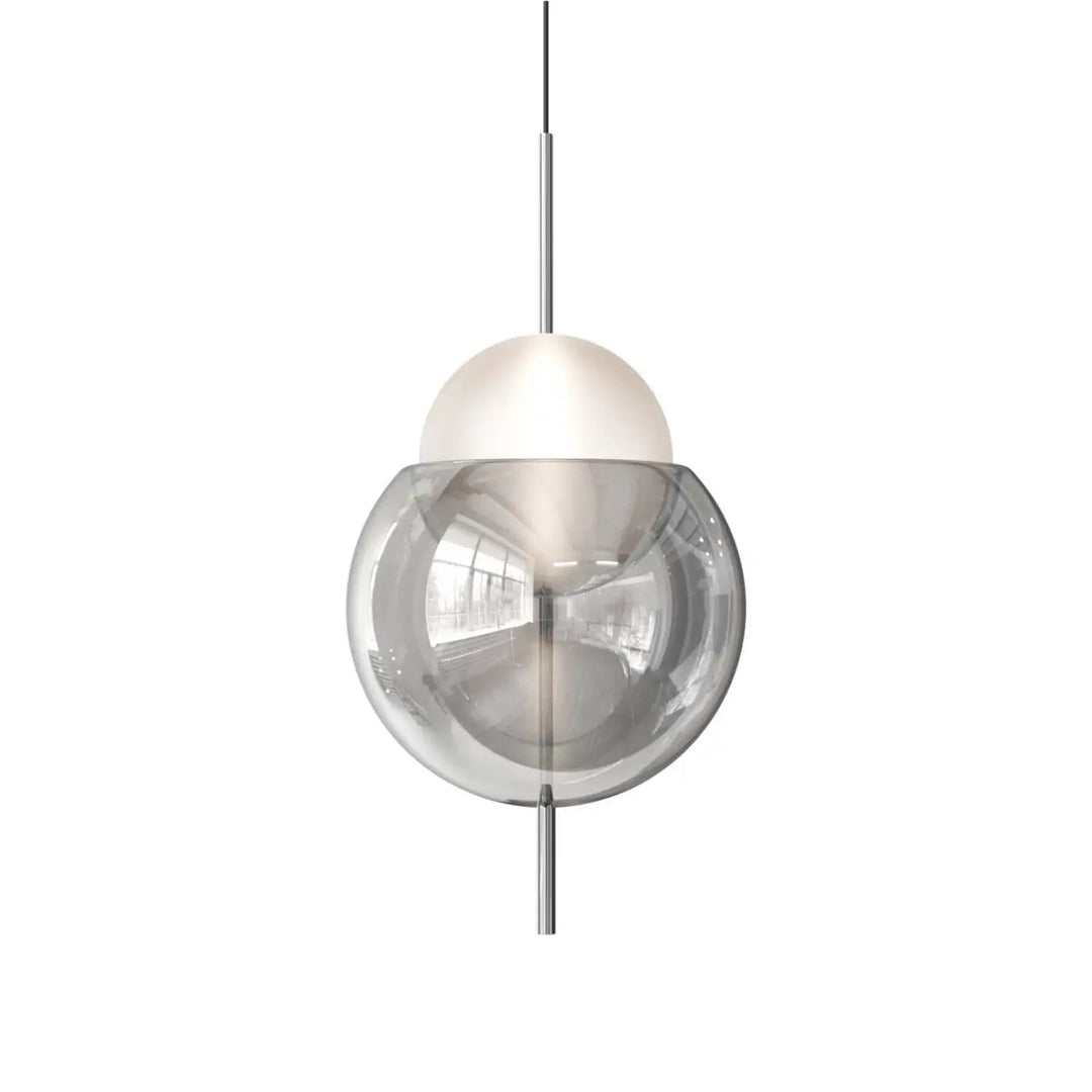 Lampe suspendue galileo avec tige chrome et deux globes en verre opaque blanc et fumé réfléchissant suspendue galileo