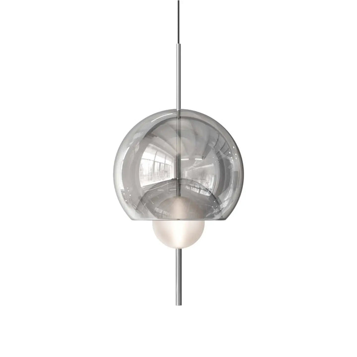 Lampe suspendue galileo moderne avec globe en verre fumé et ampoule blanche givrée suspendue par tige chrome