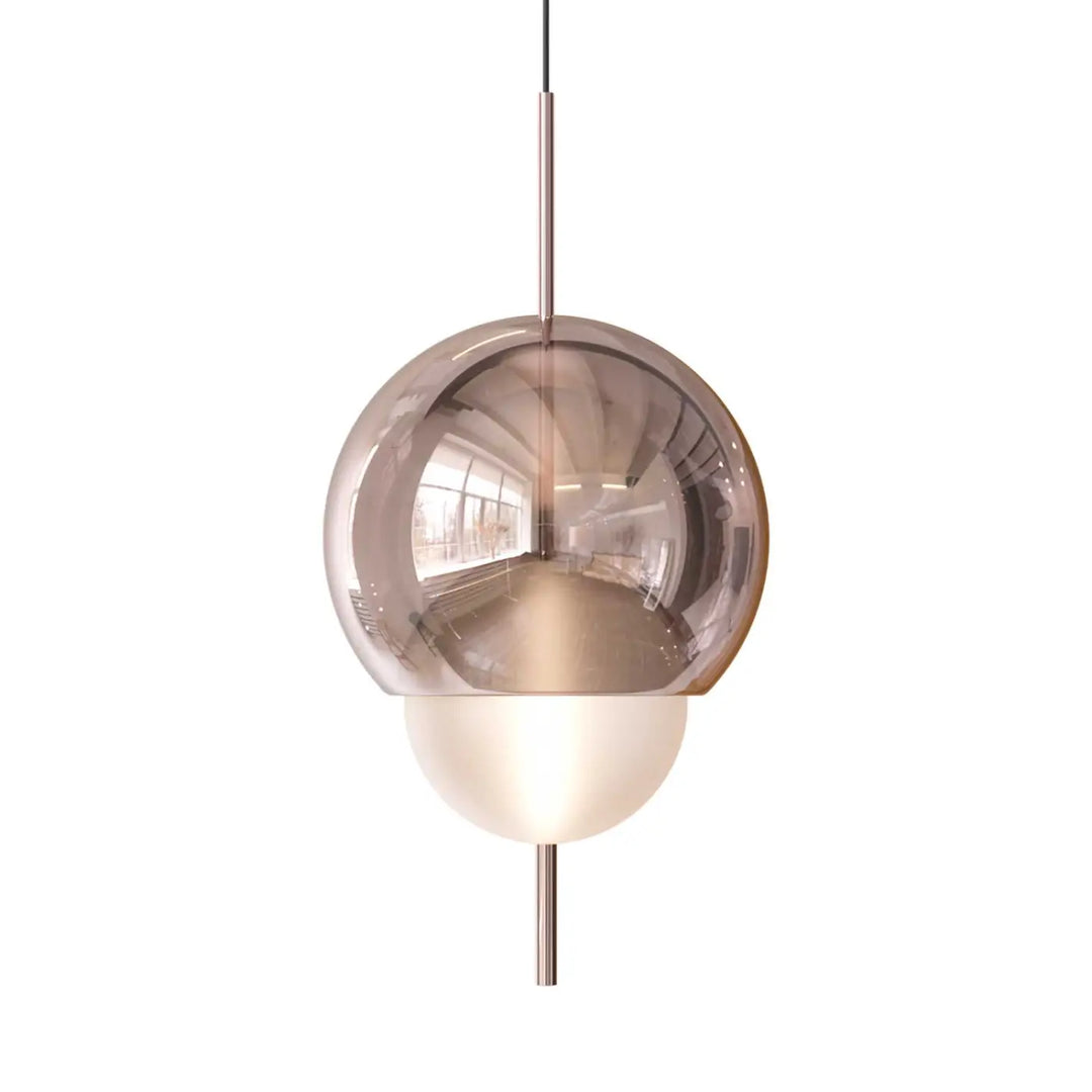 Lampe suspendue galileo avec sphère en verre cuivré réfléchissant et globe blanc givré suspendue par tiges métalliques fines