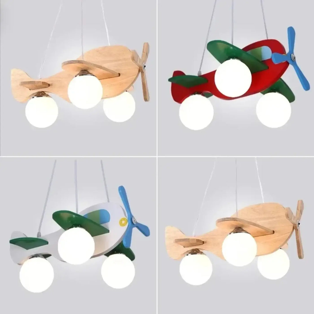 Lampe suspension creaty en bois et peinture forme avion avec trois ampoules sphériques pour décoration intérieure plus qu’un simple éclairage