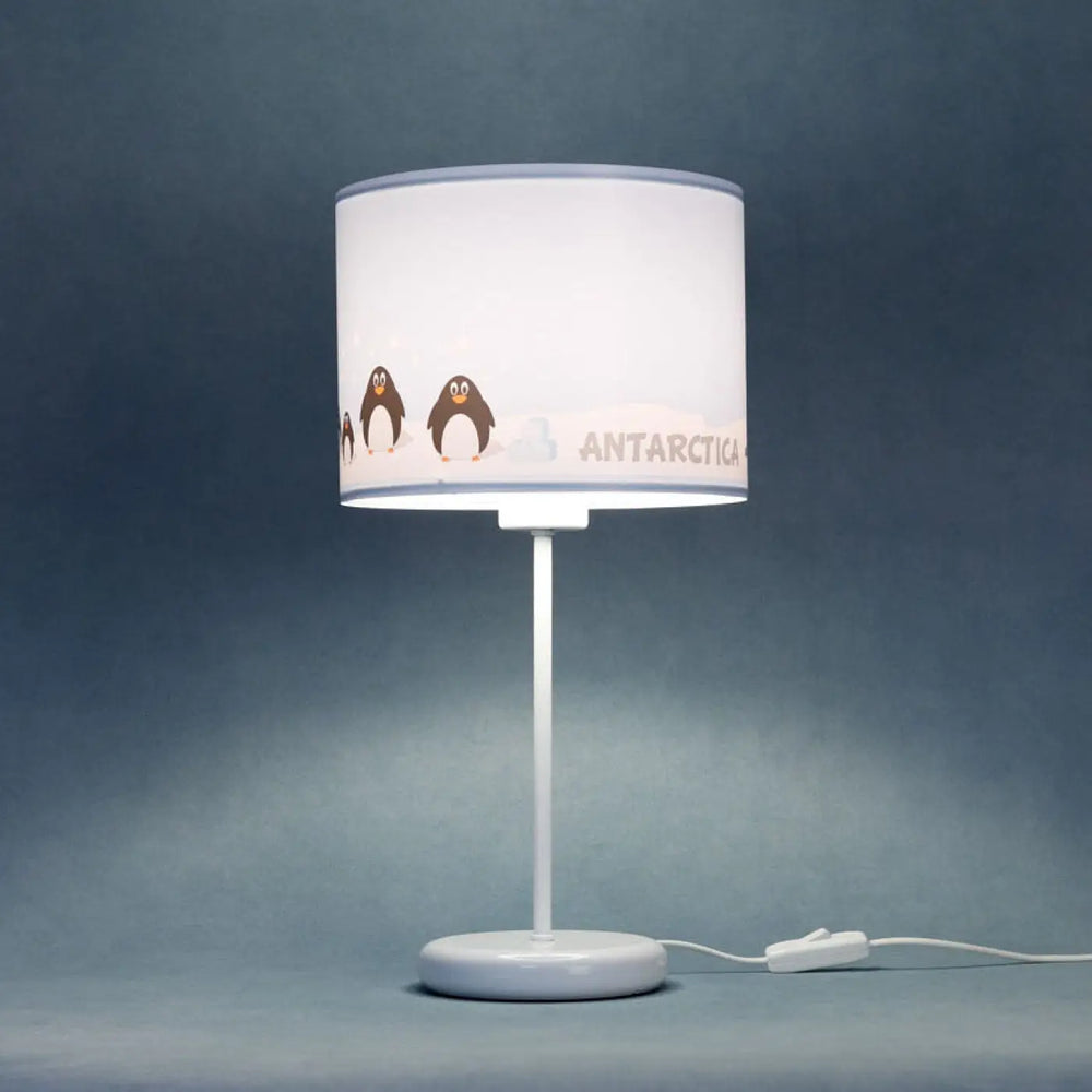 Lampe de table sweet dreams bleu clair blanc noir avec abat-jour cylindrique aux adorables manchots antarctica