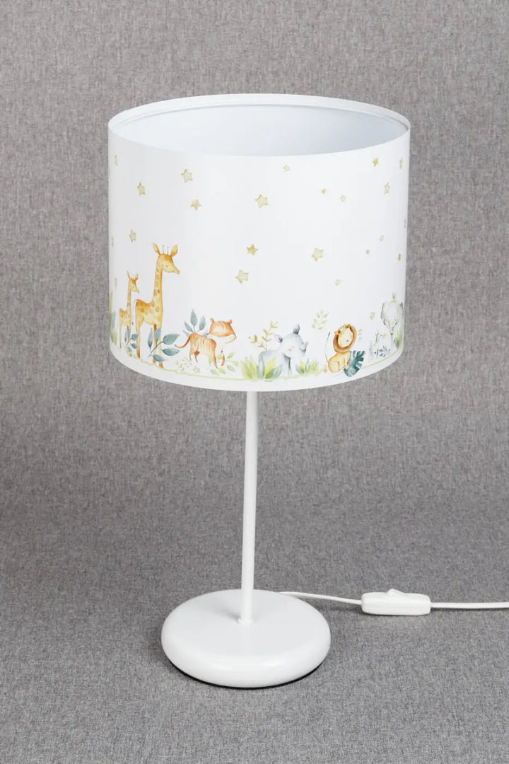 Lampe de table sweet dreams jaune avec lumière douce featuring animaux illustrés et étoiles dorées sur abat-jour cylindrique